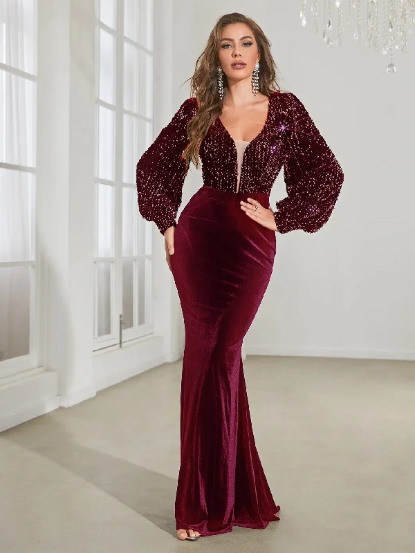 NiDELL Sequin Formal Dress Bare Back Handmade Beaded Long Sleeve Sequin Stitching Velvet Long Dress-A612-1