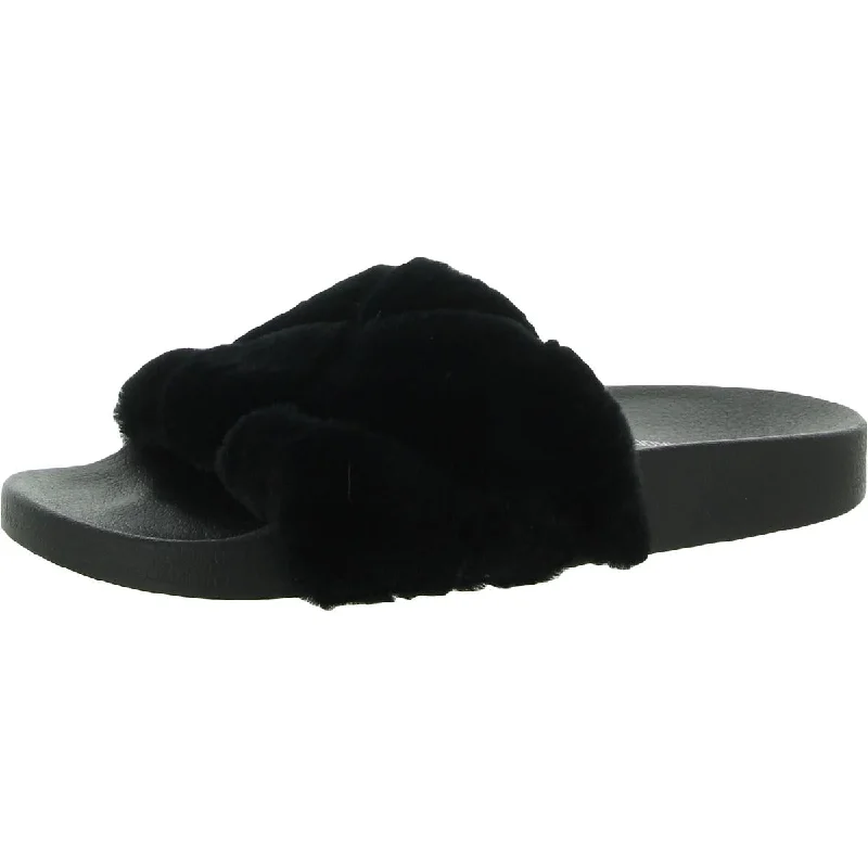 Steve Madden Womens Snooze Faux Fur Slip On Pool Slides